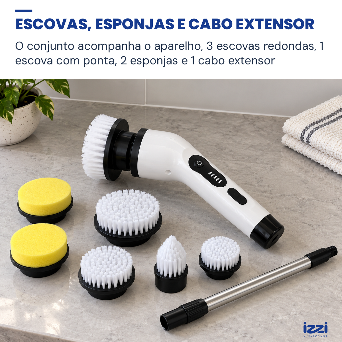 Escova Elétrica de Limpeza 7 em 1 Recarregável com Cabo Extensor