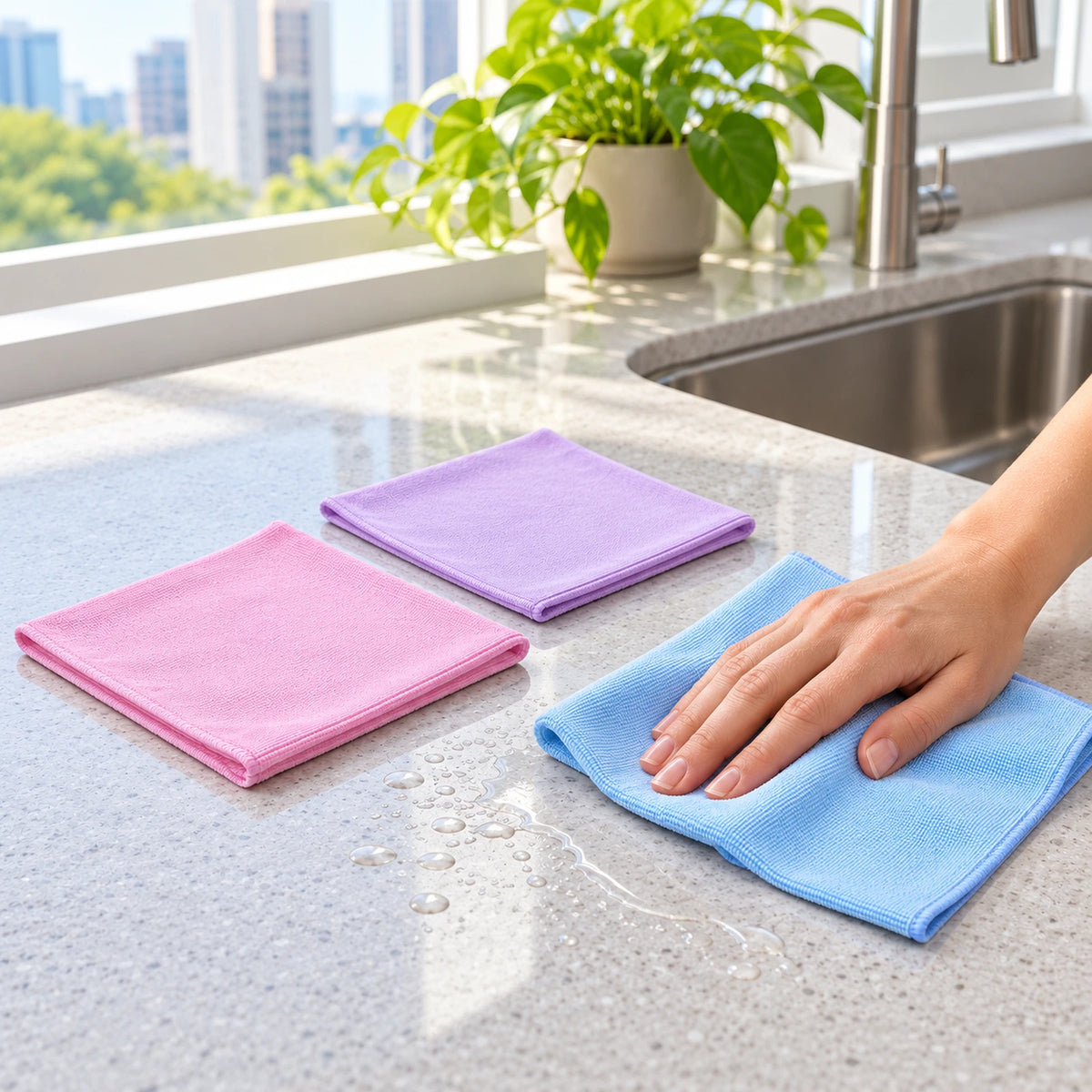 Kit com três panos em uma cozinha iluminada: pano azul em uso na bancada e panos rosa e lilás dobrados ao lado.